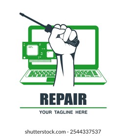 Ilustración de concepto de un servicio de reparación de computadoras de logotipo. La mano aprieta un destornillador. Ilustración vectorial.