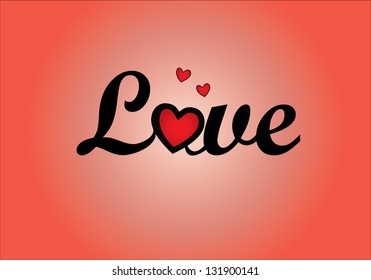 Concept Illustration of Love - Curly representation of letters of word Love letters with letter O Replaced with red heart with a red background