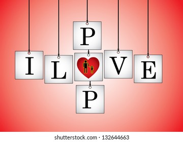 Concept Illustration of I Love Dad - I Love pop letters each on a hanging white board with letter O Replaced with red heart with a red background