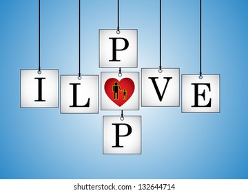 Concept Illustration of I Love Dad - I Love pop letters each on a hanging white board with letter O Replaced with red heart with a blue background