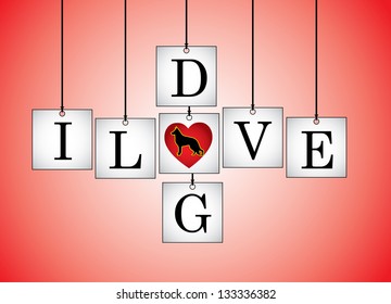 Concept Illustration of I Love Dog - I Love Dog letters each on a hanging white board with letter O Replaced with red heart having a dog silhouette with a red background