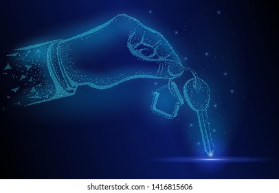 Concept illustration low poly, house key in hand, on a deep blue background.