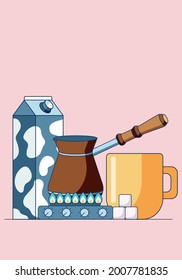Concept illustration of making coffee cezve on gas stove. Illustration of morning routine of making coffee with sugar and milk isolated on pink background. Vector illustration