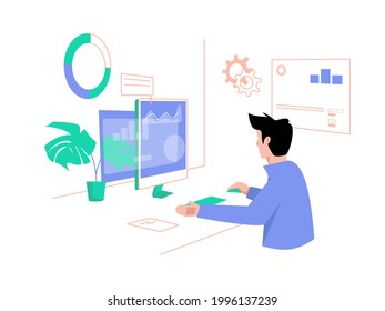 Concept illustration of male worker monitoring company analysis data. Using digital media. Flat vector illustration.
