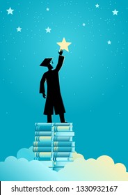 Concept illustration of a man in graduation toga reach out for the stars by using books as the platform
