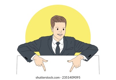 concept illustration. illustration of man in office suit behind blackboard and pointing at whiteboard in front of camera