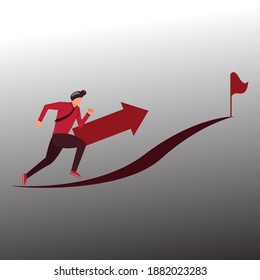 A concept illustration of a man in progress. People, Arrow and flag.