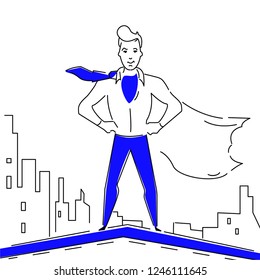 Concept illustration of a man revealed as a super hero. Line art. Flat illustration.