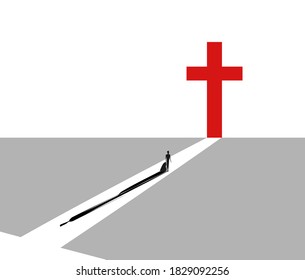 十字架の横に男性が立つコンセプトイラスト トンネルの端の光 明るく長い影を持つ小さなドア 信仰 許し 人々の罪 永遠の命への道 のベクター画像素材 ロイヤリティフリー