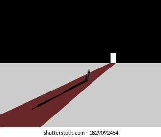 Concept Illustration With Man Standing Beside White Door. Light In The End Of Tunnel. Little Door With Light And Long Shadow. Faith, Forgiveness And People Sins, And Way To Eternal Life