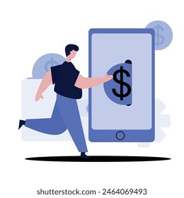 concept illustration of a man using a banking application for financial transactions