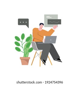 ilustración conceptual de un hombre que trabaja desde casa utilizando una laptop