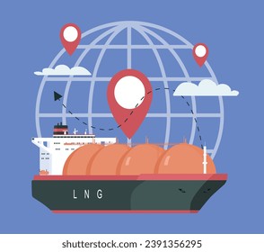 Concept illustration of maritime transportation liquefied gas on ships around the world. Vector illustration.