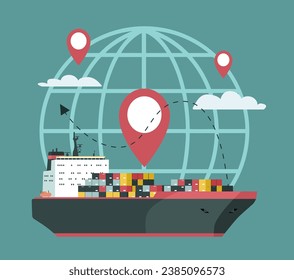 Concept illustration of maritime transportation on ships around the world. Vector illustration.