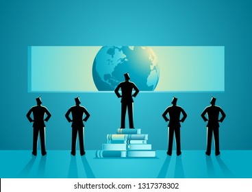 Concept illustration of men with different point of view about the world, man standing on pile of books can see clearest, knowledge, education concept