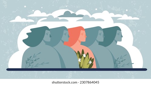 Concept illustration of mental health, balance, healing from childhood trauma, working with a psychologist. Colored head of a woman in a row with gray silhouettes of sad people. Flat vector banner.