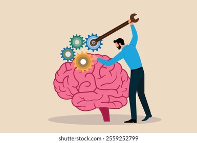 Concept illustration of mental health or cognitive therapy. A man fixing gears inside a brain symbolizes psychological repair, brain function,and mental wellbeing. Ideal for medical and health content