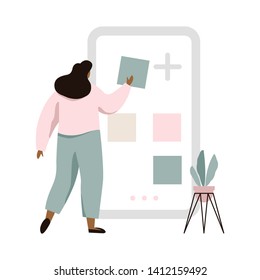 Concept illustration of mobile application constructor. Woman using big screen with site building tools. Online news, social network, virtual communication, business project.