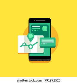Concept illustration of mobile phone with map, chat, interface. Vector, isolated, flat style. On yellow background