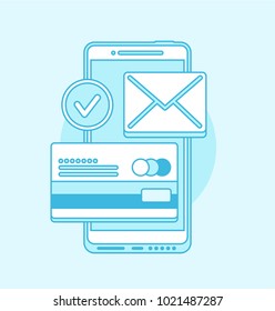 Concept illustration of mobile phone with message and pay bank card. Blue contour, wireframe. Vector, isolated