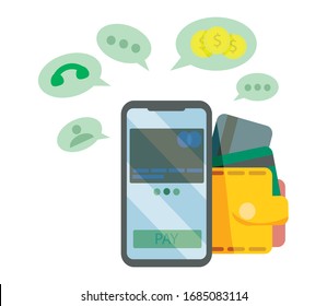 Concept illustration of a mobile phone with a payment card. The multifunctionality of the smartphone. New opportunities . Security. Save time and space. Pay using your smartphone. Active vector. 