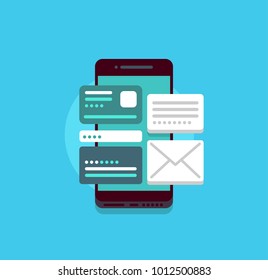 Concept illustration of modern black smartphone with interface and chats. Social media, network, communication. Vector, isolated. On blue background