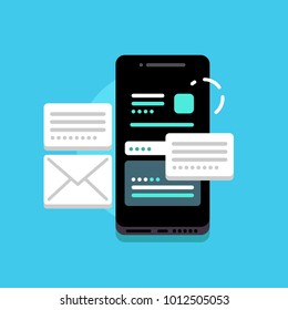 Concept illustration of modern black smartphone with interface, messages and chats. Social media, network, communication. Vector, isolated. On blue background