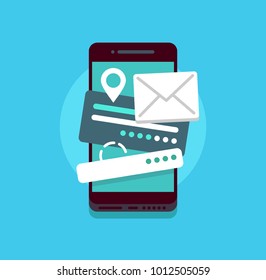 Concept illustration of modern black smartphone with interface, messages and chats and point. Social media, network, communication. Vector, isolated.