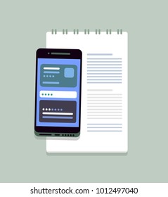 Concept illustration of modern mobile phone with notebook. Vector, isolated. On gray background.