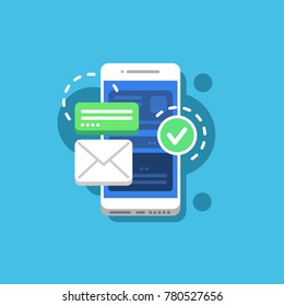 Concept illustration of modern mobile phone, with chat, message, menu, interface on screen. Circles on background. Vector, isolated.