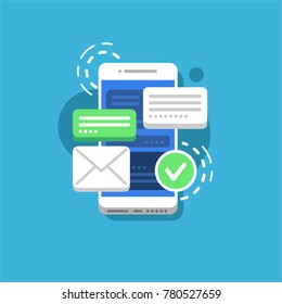 Concept illustration of modern mobile phone, with chat, message, menu, interface on screen. Approved symbol. Vector illustration, flat style, isolated.