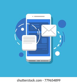 Concept illustration of modern smartphone, mobile phone, with chat windows, messages, menu,  interface on screen. Circles on background, blue and white. White and blue chats. Vector illustration, flat