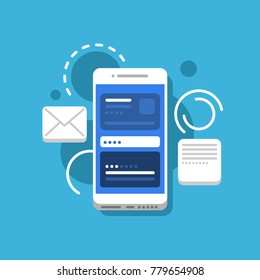 Concept illustration of modern smartphone, mobile phone, with chat window, message, menu,  interface on screen. Circles on background, blue and white. White and blue chat, message and circles. 