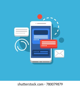Concept illustration of modern smartphone, mobile phone, with chat windows, messages, menu,  interface on screen. Circles on background, blue and red. White and red chat, message and circles. 