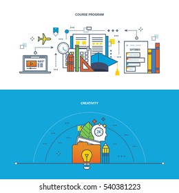 Concept of illustration - modern training and course program, creative work, education, business and technology. Vector design for website, banner, printed materials and mobile app.
