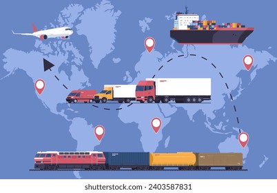 Concept illustration of multimodal transportation around the world. World map and different types of transport vehicles. Vector illustration.
