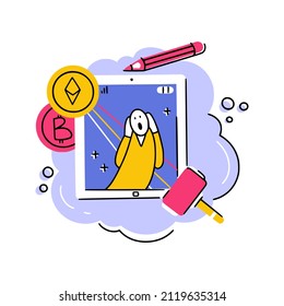 Concept illustration of NFT art as famous painting on tablet with crypto coins, pencil and auction hammer. Good for stickers, articles, web and apps.