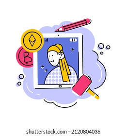 Concept illustration of NFT art as famous painting on tablet with crypto coins, pencil and auction hammer. Good for stickers, articles, web and apps.
