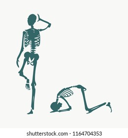 Concept illustration of a obedience. Man prostrated under female foot. Silhouettes of two skeletons