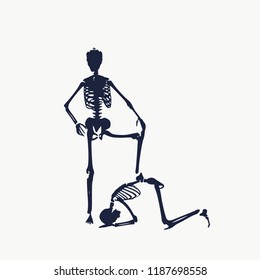 Concept illustration of a obedience. Man prostrated under female foot. Silhouettes of two skeletons. Skeleton wearing the crown