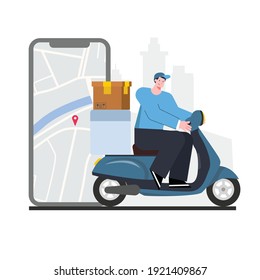 concept illustration on the road. courier is sending goods to place the order.