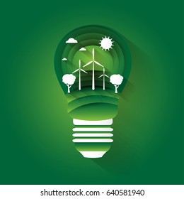 Concept illustration on the theme of preserving the environment and alternative energy sources in light bulb. Paper art. Vector