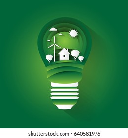 Concept illustration on the theme of preserving the environment and alternative energy sources in light bulb. Paper art. Vector