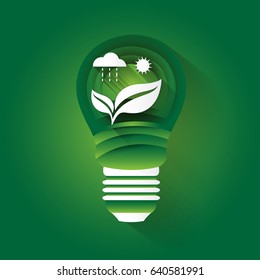 Concept illustration on the theme of preserving the environment and alternative energy sources in light bulb. Paper art. Vector