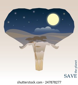 concept illustration on the theme of protection of nature and animals with night Savannah view in silhouette of elephant head for use in design for card, invitation, poster or placard