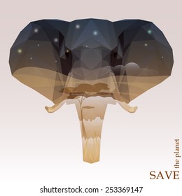 concept illustration on the theme of protection of nature and animals with night Savannah view in silhouette of elephant head for use in design for card, invitation, poster or placard