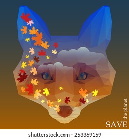 concept illustration on theme of protection of nature and animals with autumn maple leaves floating on the sky background in silhouette of fox head for use in design card, invitation, poster, placard