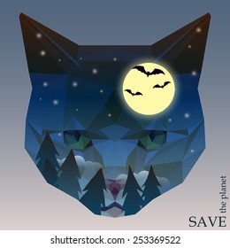 concept illustration on theme of protection of nature and animals with night forest, bats and moon in silhouette of cat head isolated on background for use in design card, invitation, poster, placard