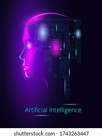 Concept illustration on the topic of artificial intelligence. Template for a vertical poster in neon colors.