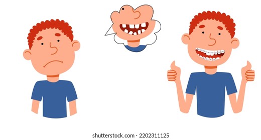 concepto de ilustración sobre el tema de corregir una sonrisa. El personaje del niño se enoja por sus dientes torcidos, un adolescente con llaves muestra clase.